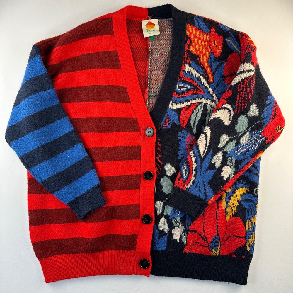 Farm Rio Vintage Forest Cardigan Small Striped Red Blue Sweater Chic Oversized - Picture 7 of 16